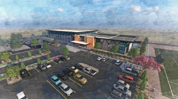 Artist rendering of the parking lot and front entrance of the Moana Springs Community Aquatics and Fitness Center.