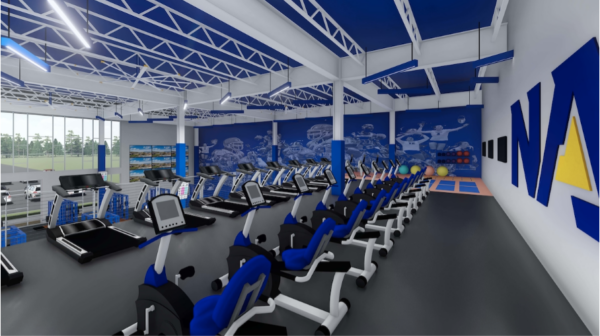 Rendering of the cardio deck with glass walls overlooking a parking lot, showing long rows of treadmills and cycling equipment.