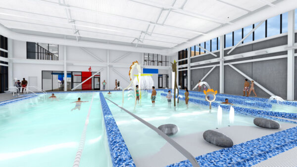 Rendering of a multi-lane indoor competition pool with a shallow area with kids and adults swimming.